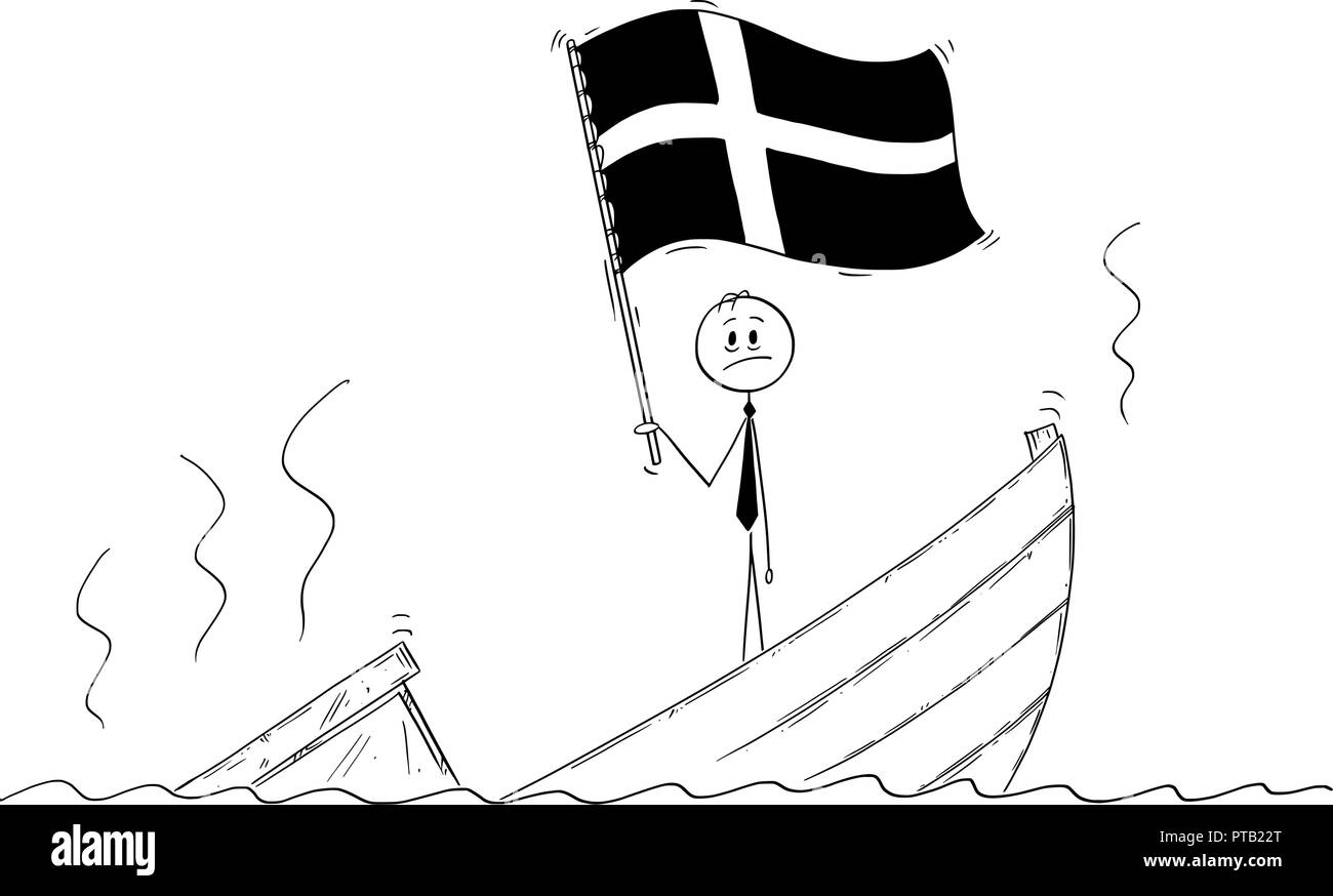 Caricature de l'homme politique debout appuyée sur bateau naufrage agiter le drapeau du Royaume de Suède Illustration de Vecteur