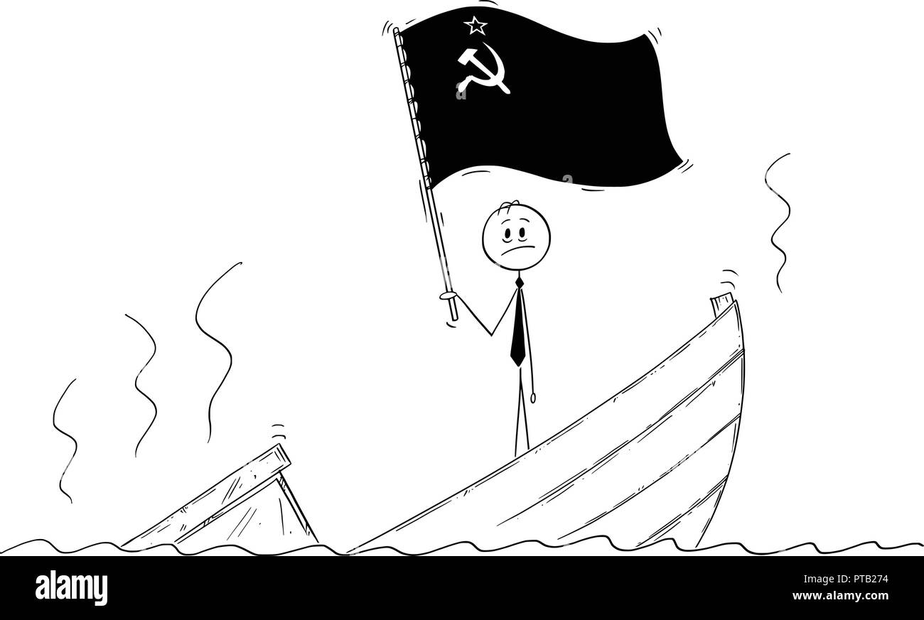 Caricature de l'homme politique debout appuyée sur bateau naufrage agiter le drapeau de l'Union Soviétique Illustration de Vecteur