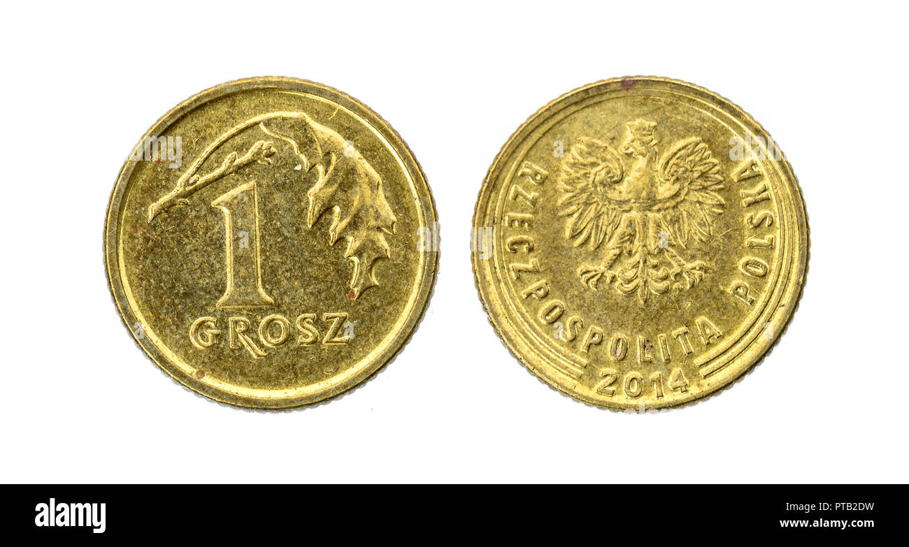 Ancien utilisé un Polish grosz coin isolé sur fond blanc. Têtes et queues - des deux côtés de l'argent monnaie polonaise grosz - zloty. Banque D'Images