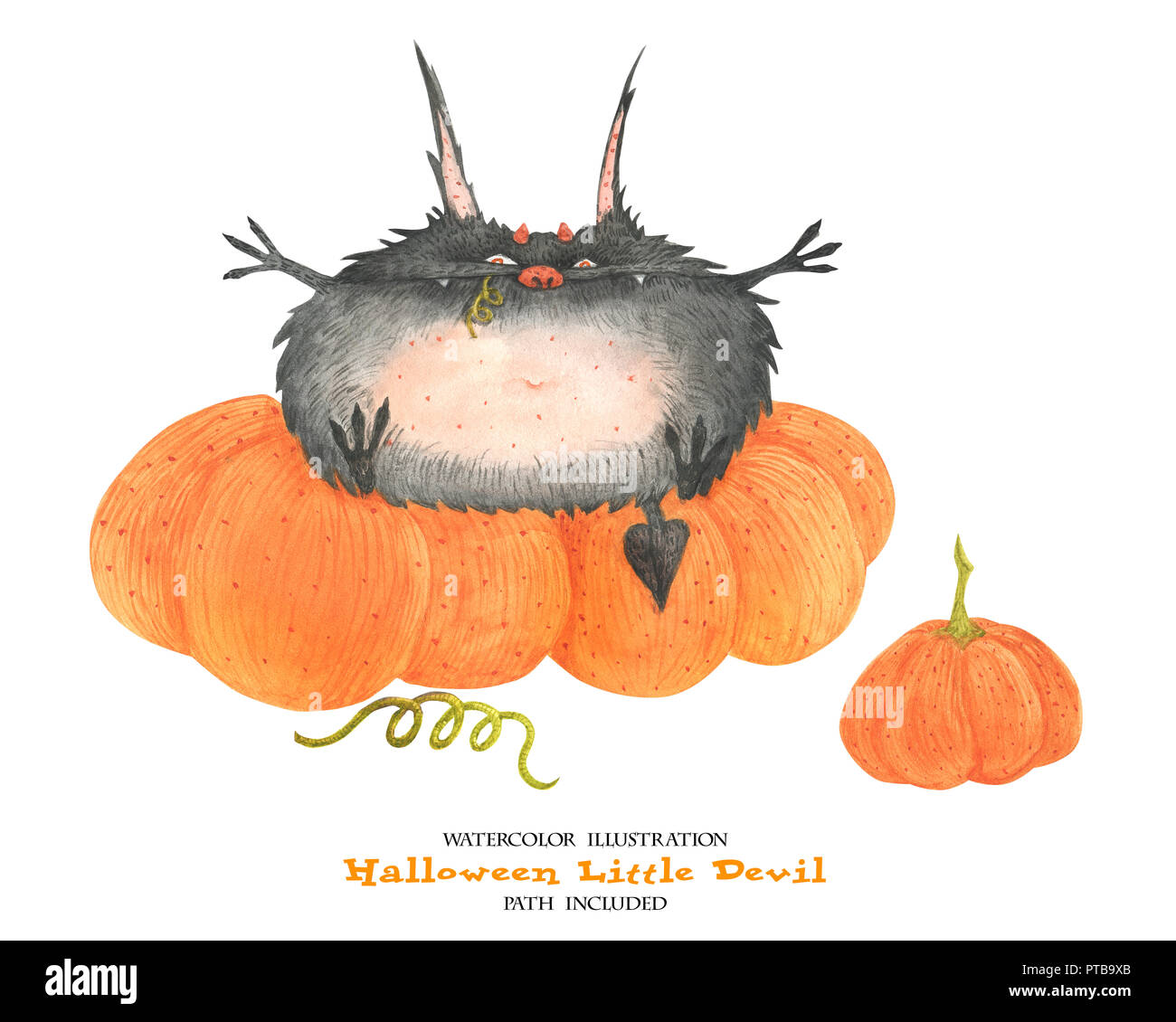 Illustration à l'aquarelle pour l'Halloween. Le petit diable avalé un potiron. Chemin isolé, inclus Banque D'Images