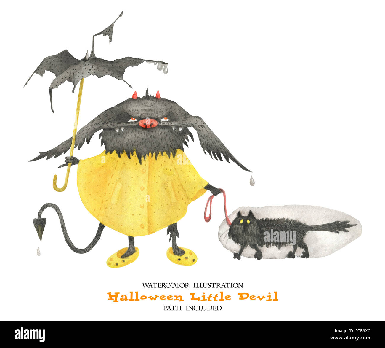 Illustration à l'aquarelle pour l'Halloween. Petit Diable en imperméable jaune humide dans la pluie. Isoalted, chemin inclus Banque D'Images