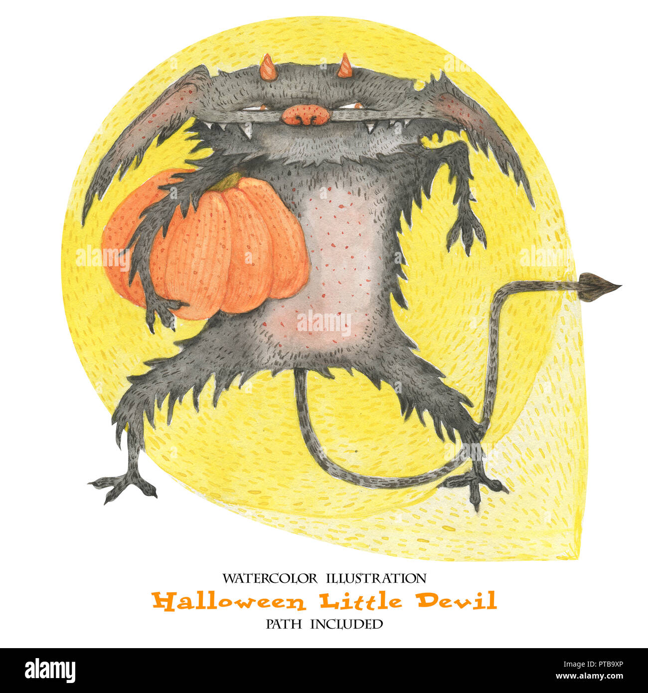Illustration à l'aquarelle pour l'Halloween. Le petit diable vole un potiron. Isoalted, chemin inclus Banque D'Images