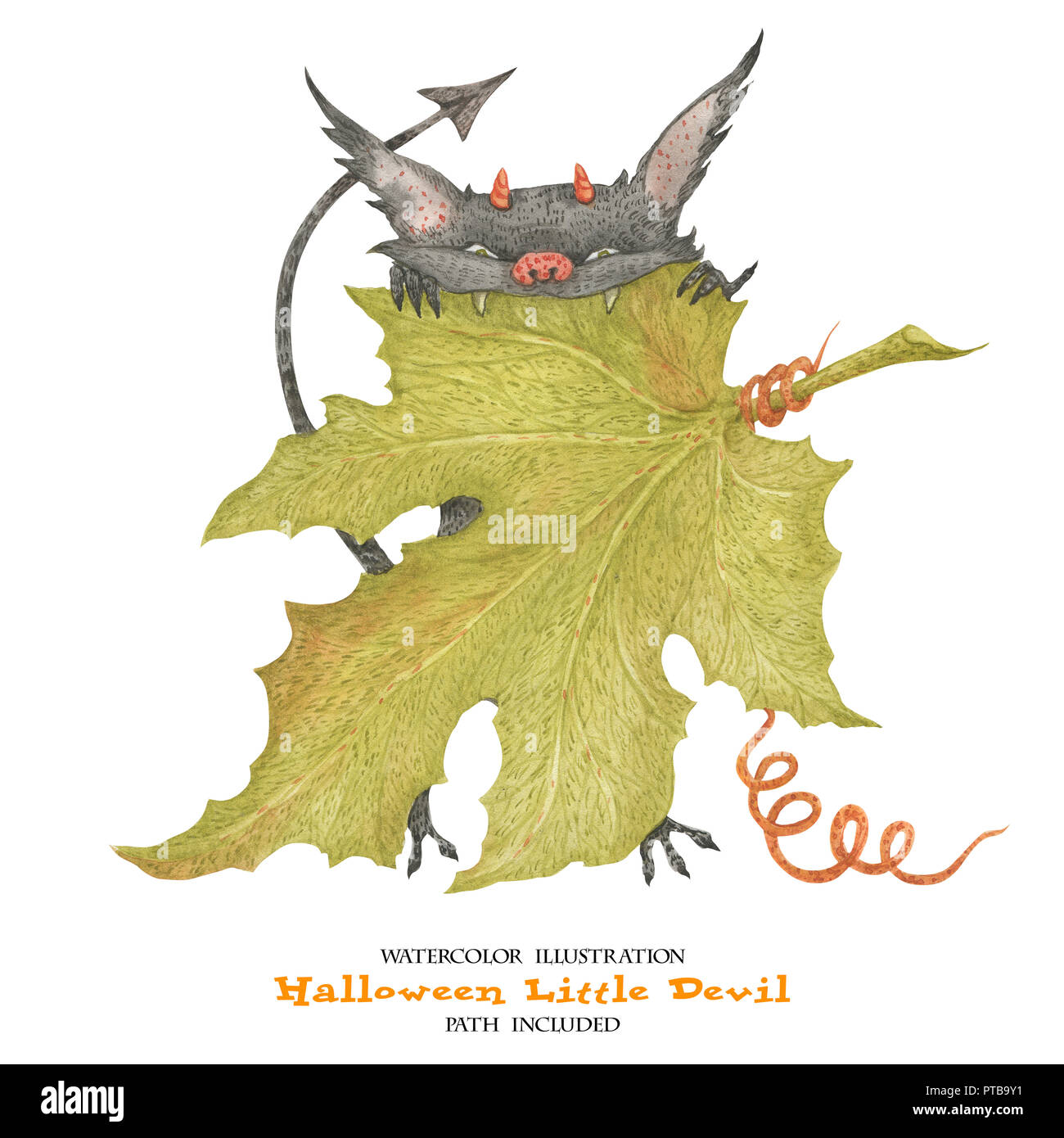 Illustration à l'aquarelle pour l'Halloween. Le petit diable ronge une feuille de citrouille. Isoalted, chemin inclus Banque D'Images