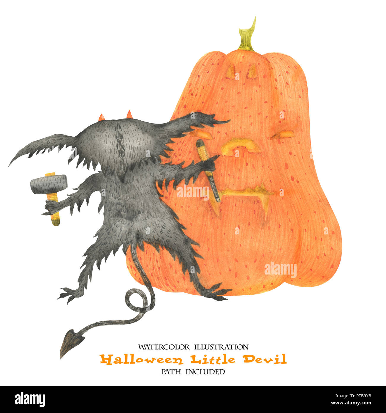 Illustration à l'aquarelle pour l'Halloween. Petit diable cisèle un potiron. Isoalted, chemin inclus Banque D'Images