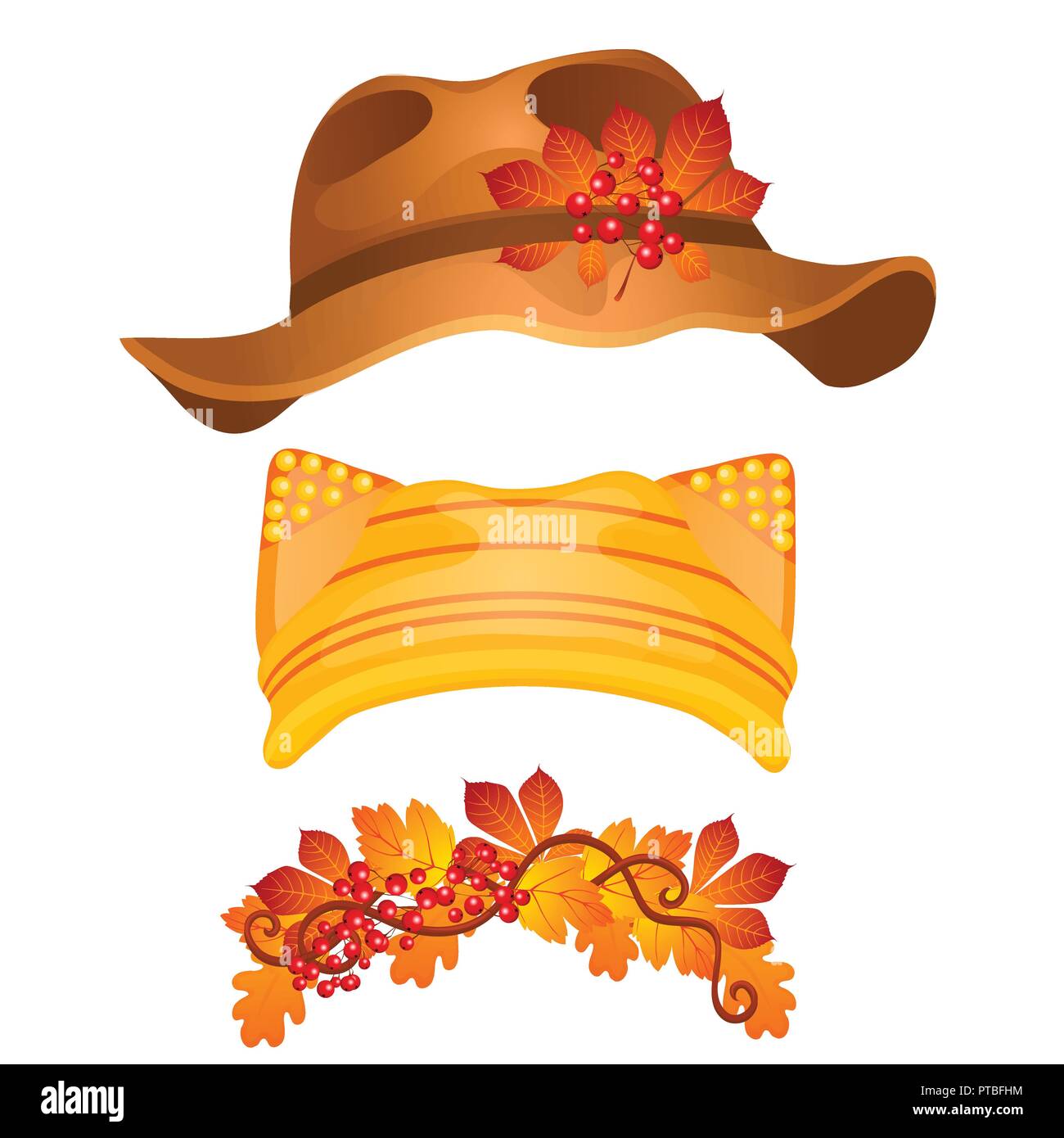 Un ensemble de chapeaux et coiffures élégantes dans le style d'automne doré ou jour de Thanksgiving isolé sur fond blanc. Tricot fille cat hat à oreilles. Cartoon Vector illustration close-up. Illustration de Vecteur