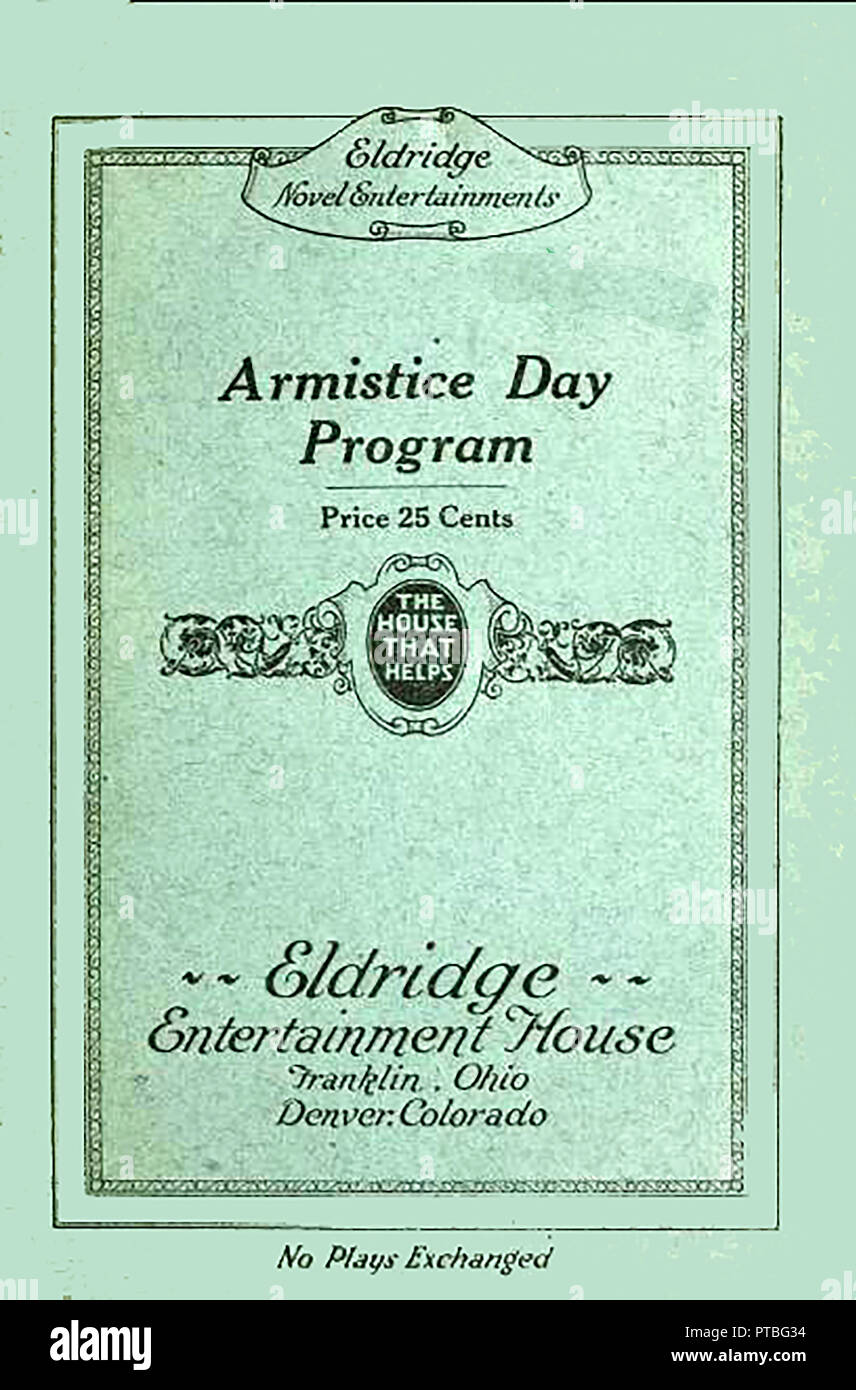 Un programme pour le jour de l'Armistice Eldridge Roman surf (USA), Surf House,Franklin, Ohio, et Denver Colorado ('La maison qui aide' Banque D'Images