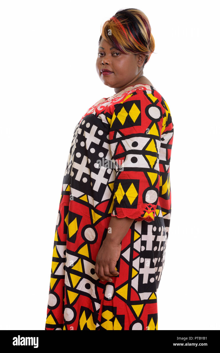 Studio shot of fat black African woman standing Banque D'Images