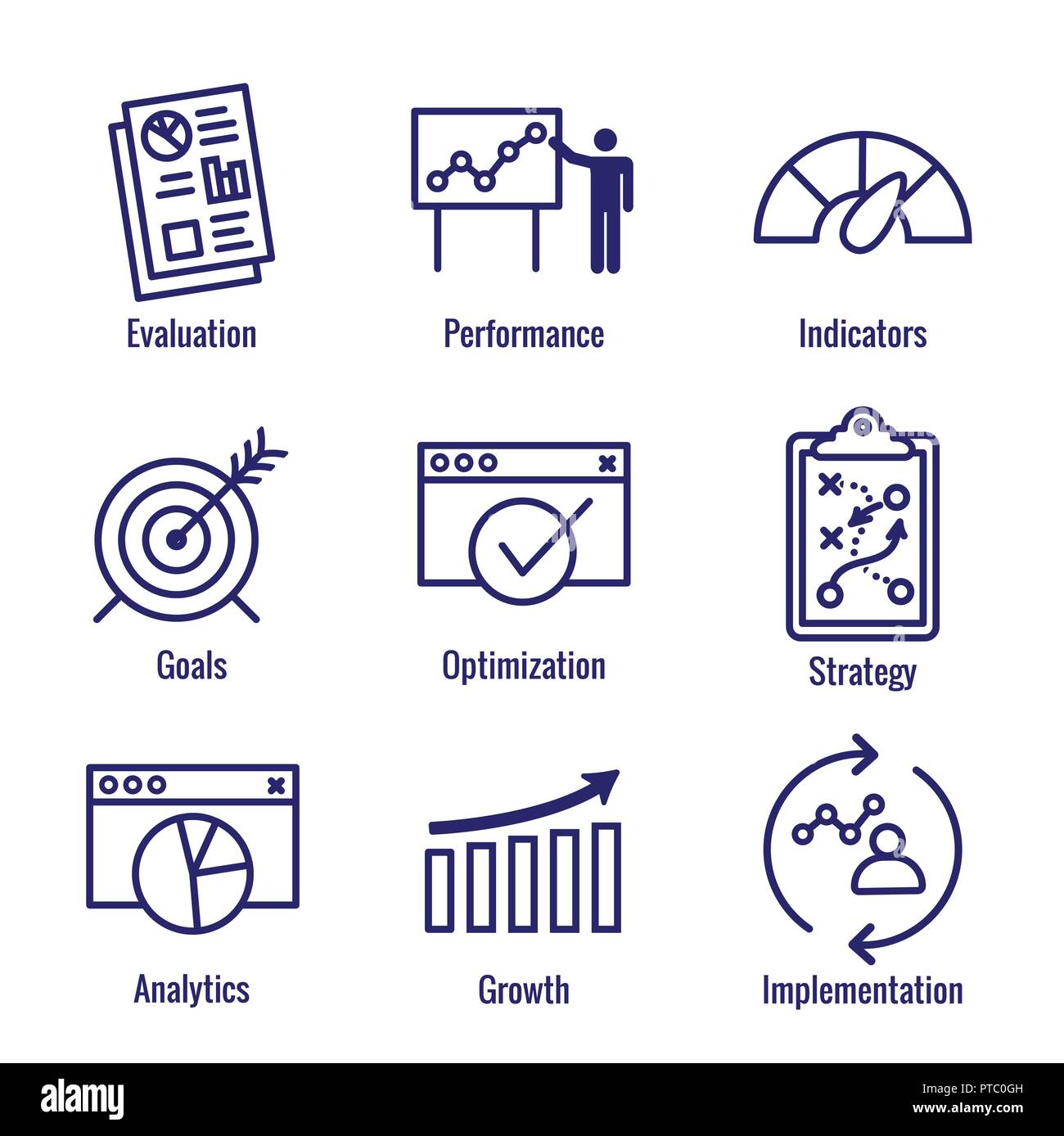KPI - Key Performance Indicators Icon Set avec l'évaluation, la croissance, et Stratégie, etc. Illustration de Vecteur