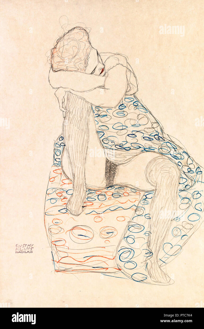 Gustav Klimt, personnage assis avec jupe rassemblé 1910 Leopold Museum, Vienne, Autriche. Banque D'Images