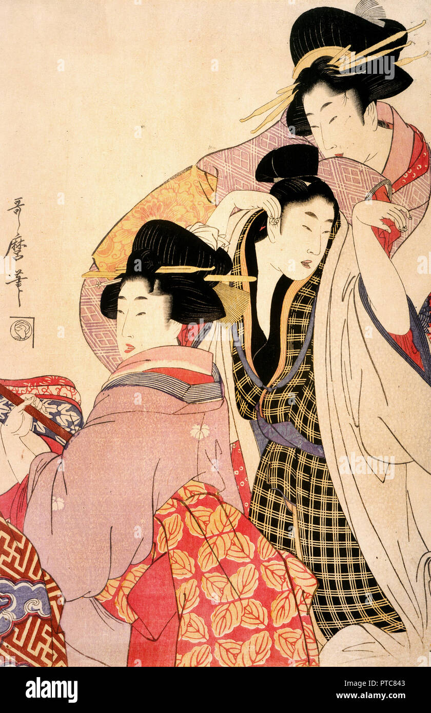 Kitagawa Utamaro, deux Geishas et un client éméché, vers 1805, gravure sur bois en couleur, Philadelphia Museum of Art, USA. Banque D'Images