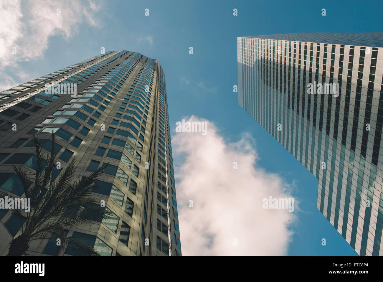 Tall sky scrapers mènent à la ciel bleu avec des nuages blancs billowy Banque D'Images