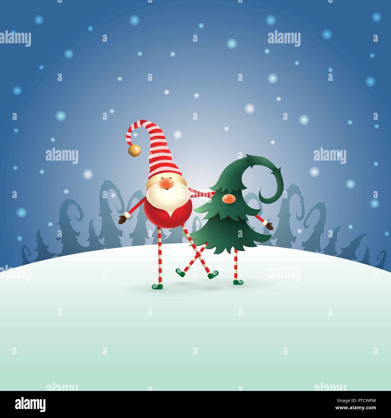 Joyeux Noel Amis Gnomes Jouant Et Dansant Bleu Nuit Paysage D Hiver Image Vectorielle Stock Alamy