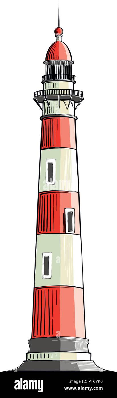 Croquis dessinés à la main, d'un phare en couleur, isolé sur un fond blanc. Dessin détaillé dans le style de millésime. Vector illustration Illustration de Vecteur