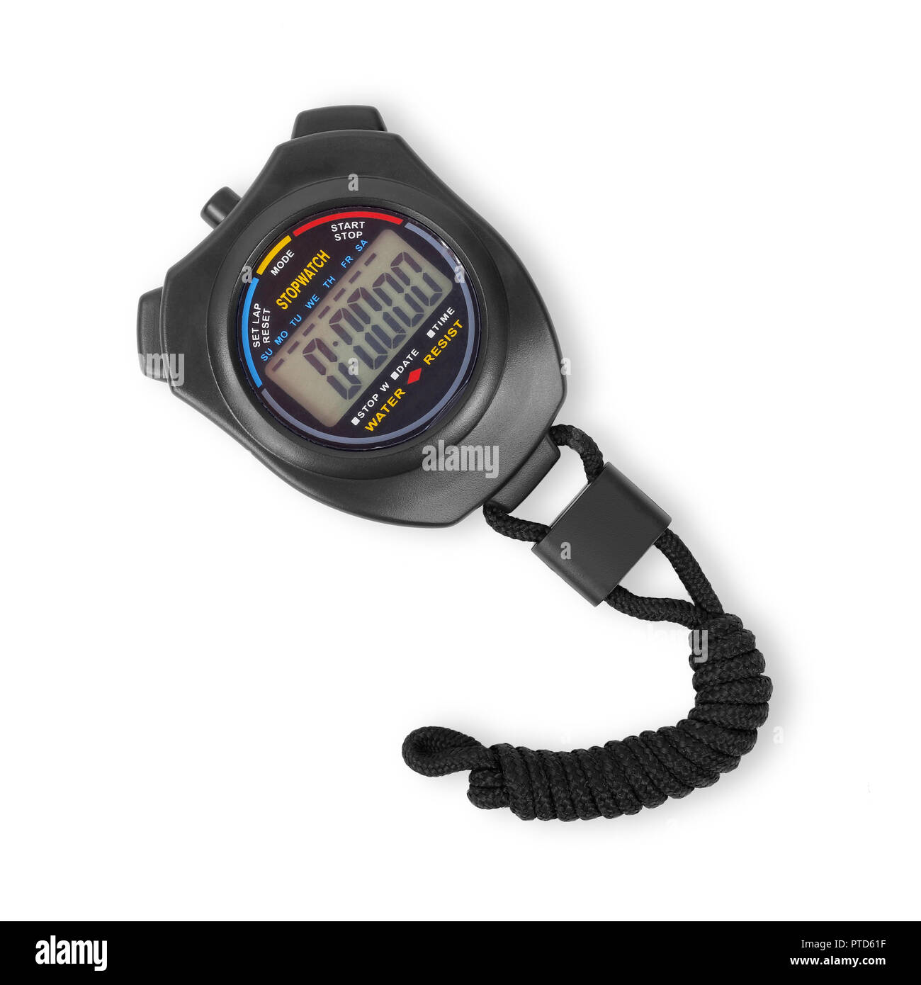Équipement de sport - Chronomètre électronique numérique noir sur fond blanc. Isolé Banque D'Images