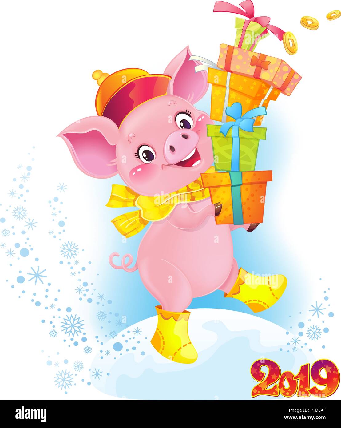 Cochon de terre jaune avec les coffrets cadeaux. Joli symbole de l'horoscope chinois. Illustration de Vecteur