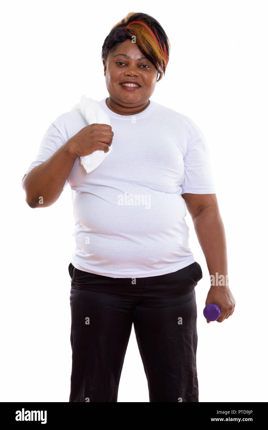 Happy fat black African woman kissing en maintenant Banque D'Images