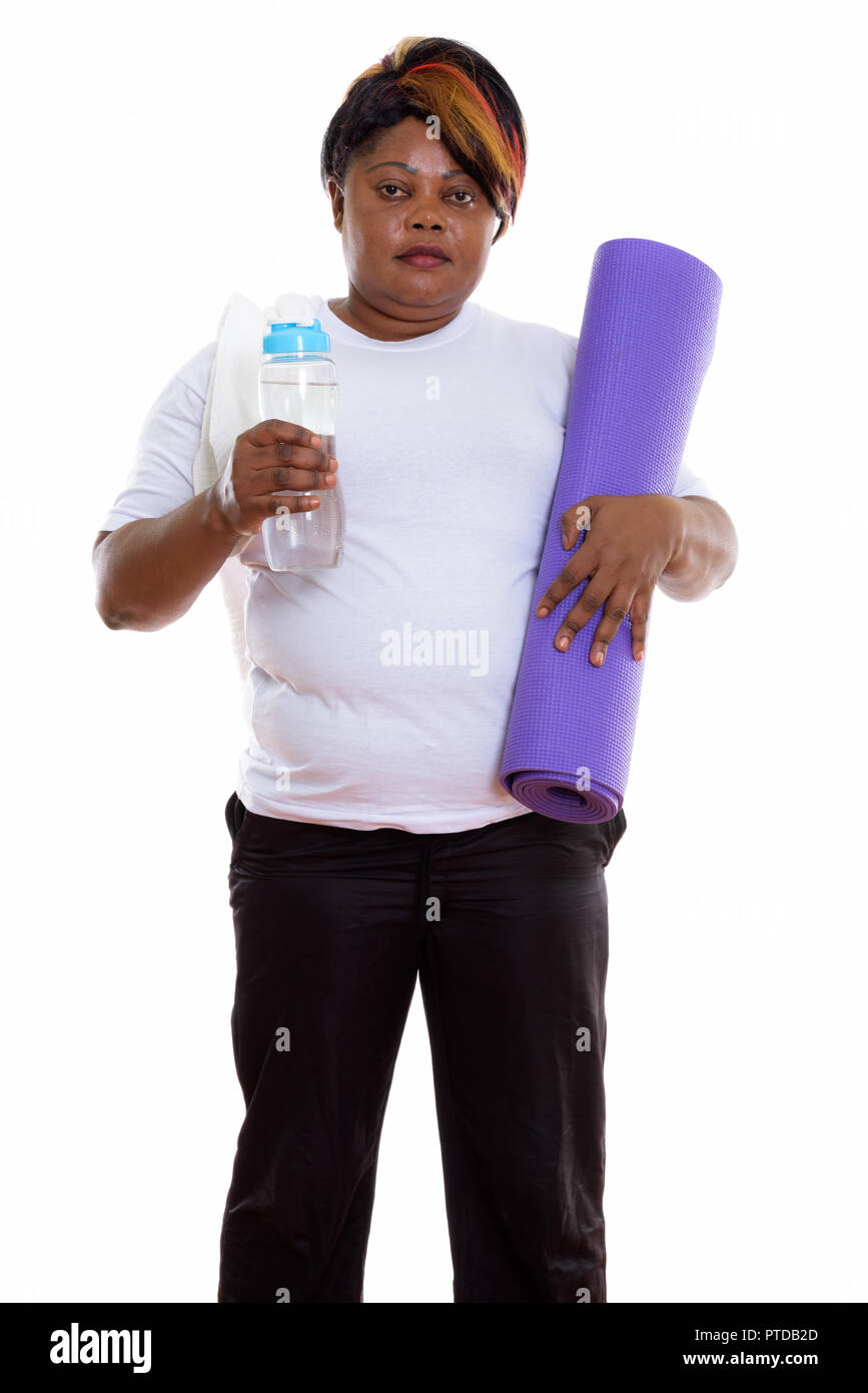 Portrait de femme africaine noire gras tout en maintenant l'article yo Banque D'Images