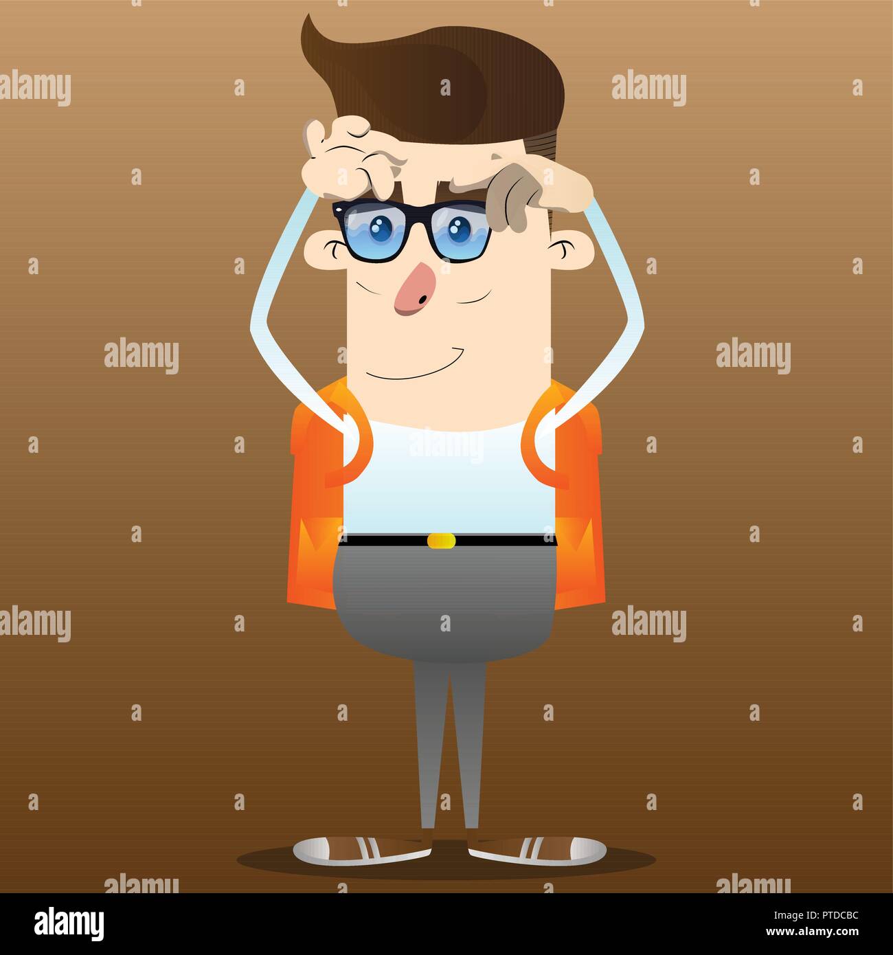 Écolier se gratte la tête à deux mains. Vector cartoon character illustration. Illustration de Vecteur