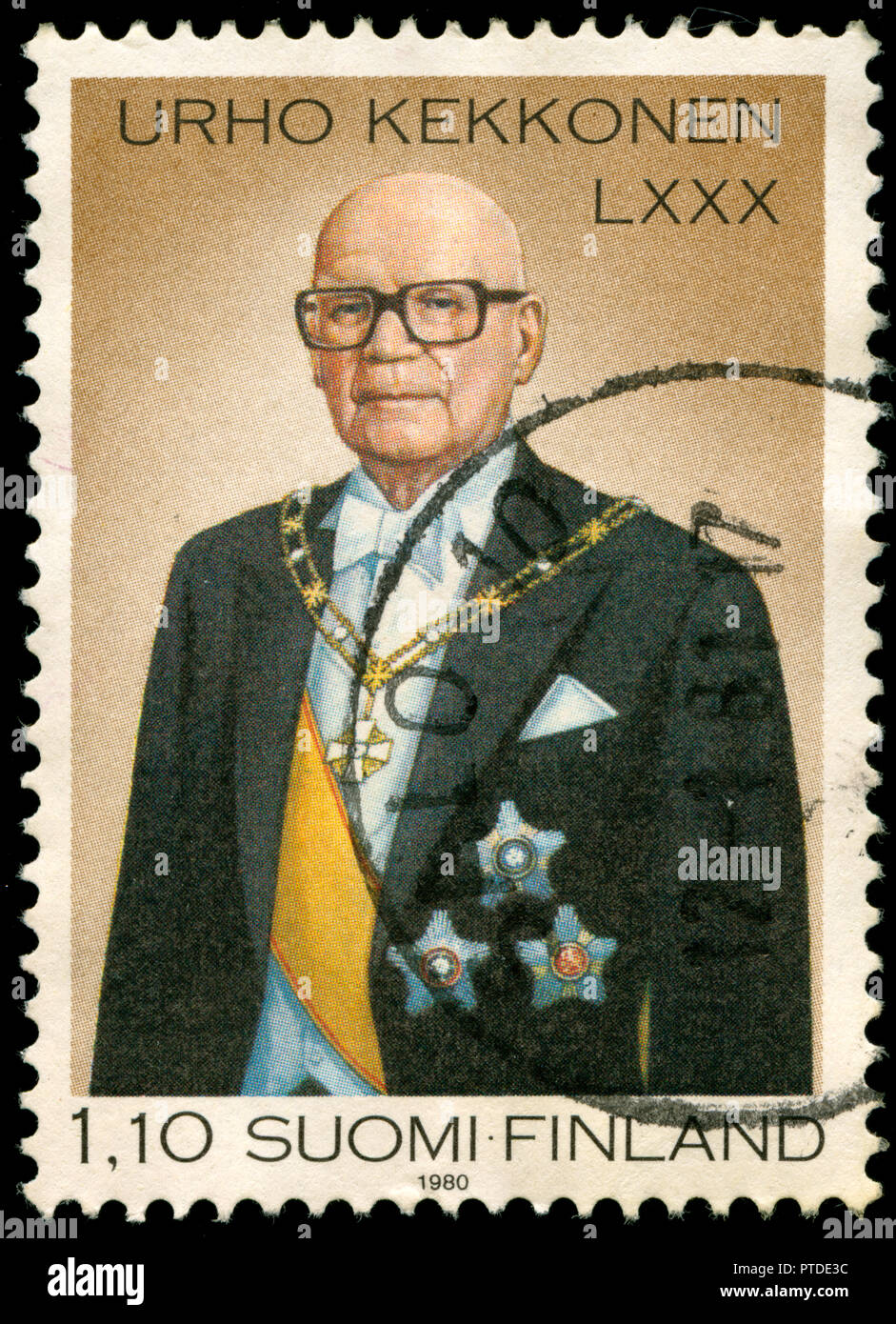 Timbre cachet de la Finlande dans le 80e jour de naissance de série Urho Kekkonen paru en 1980 Banque D'Images