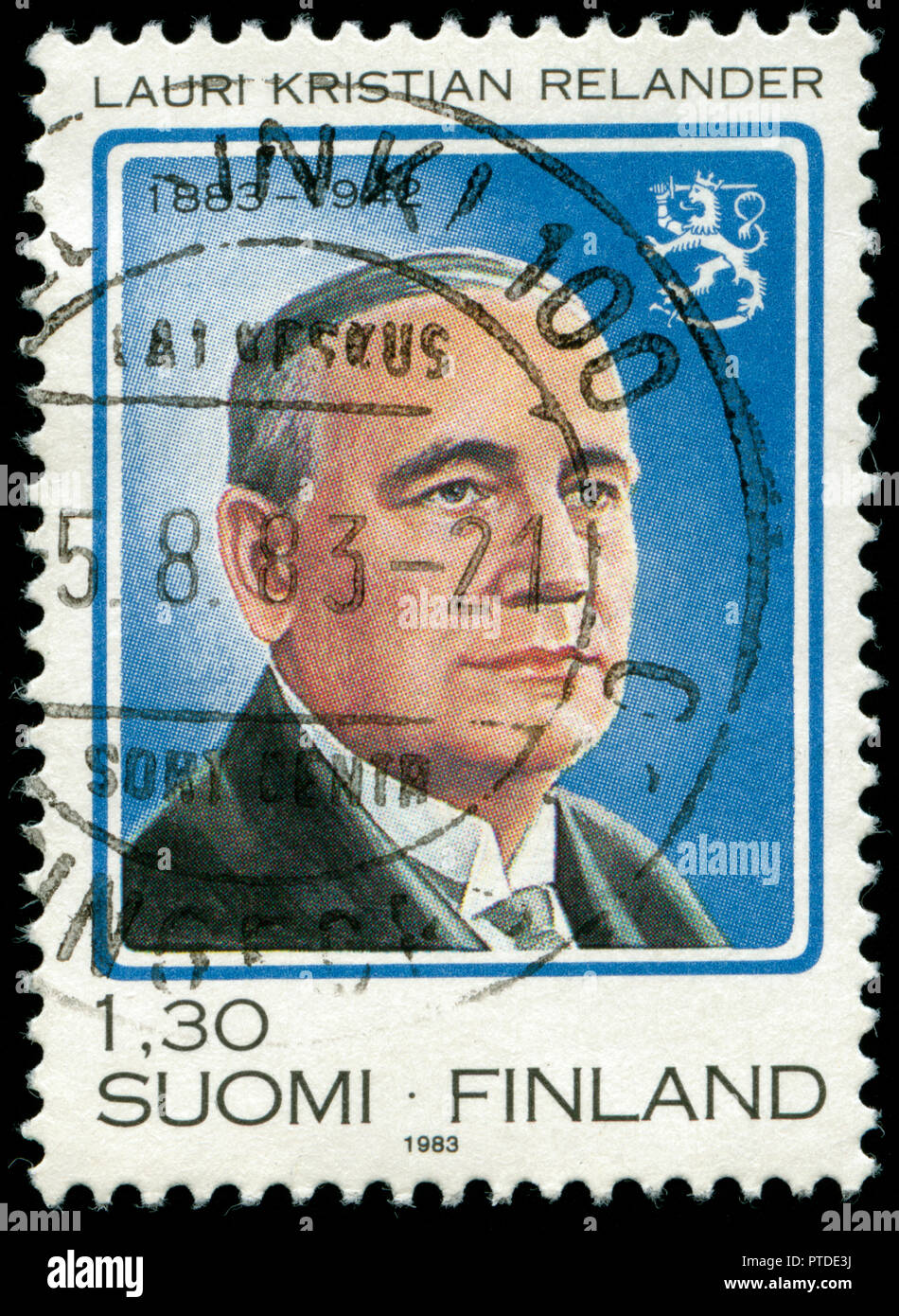 Timbre cachet de la Finlande dans le 100e jour de naissance de Lauri Kristian Relander série émise en 1983 Banque D'Images