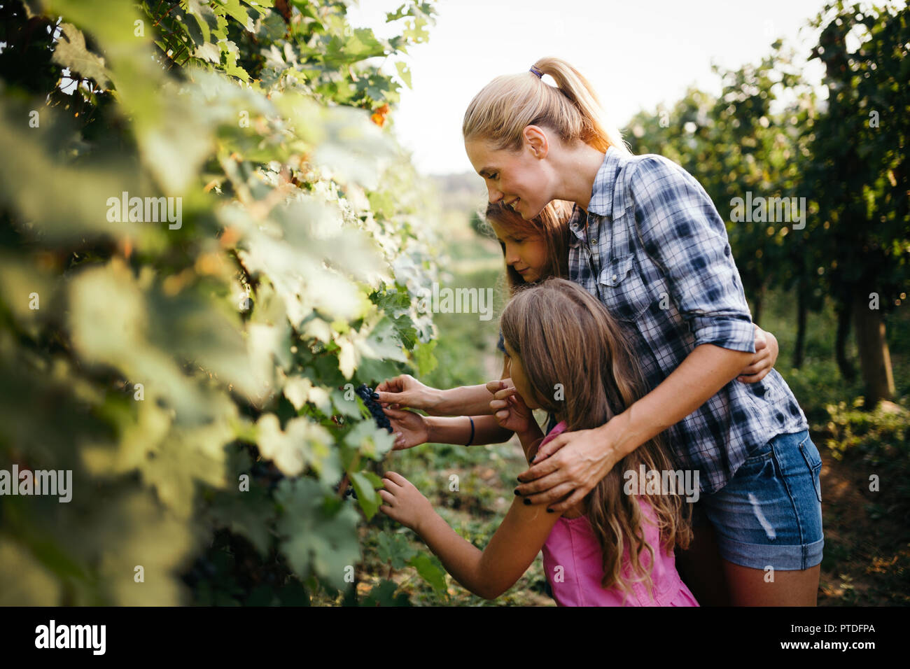 Les jeunes filles heureux de manger du raisin vigne Banque D'Images