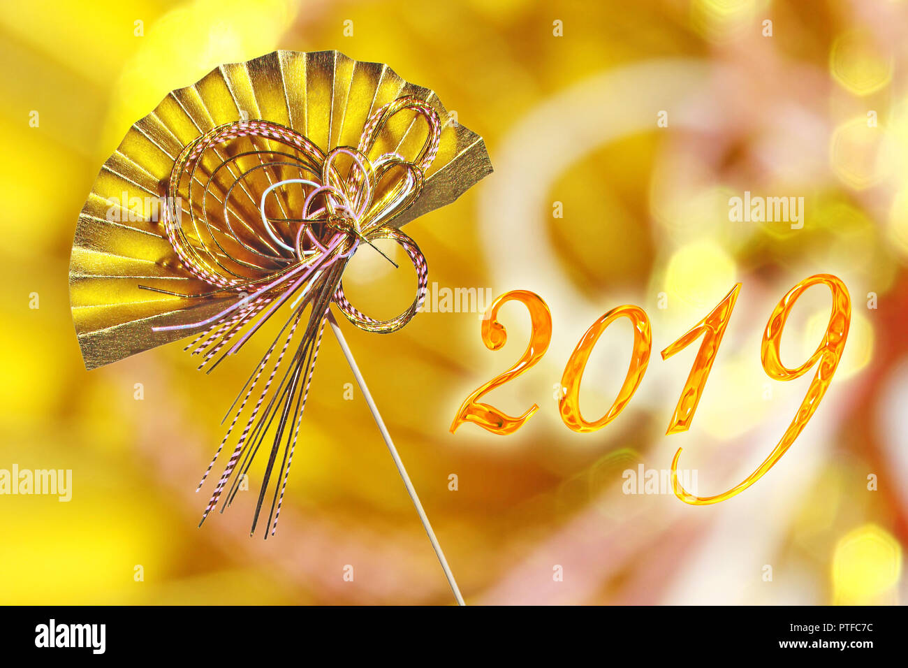 2019 Carte de vœux japonais décoration traditionnelle avec ventilateur d'or Banque D'Images