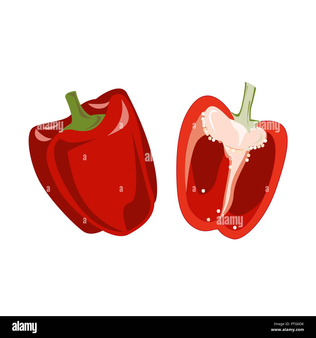 Poivron rouge, légumes fruits entiers et la moitié. Vector illustration, caricature télévision icon isolated on white. Illustration de Vecteur