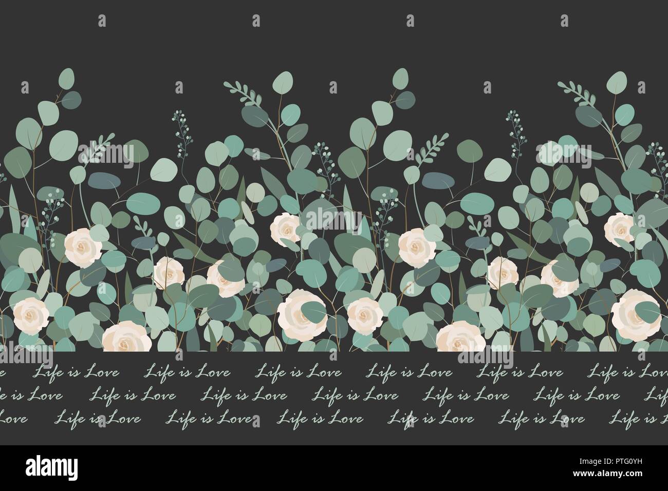 Transparente élégante avec des branches d'eucalyptus de dollar en argent et roses sur fond noir. Pour la literie design textile, cartes, frontières. Vector Illustration de Vecteur