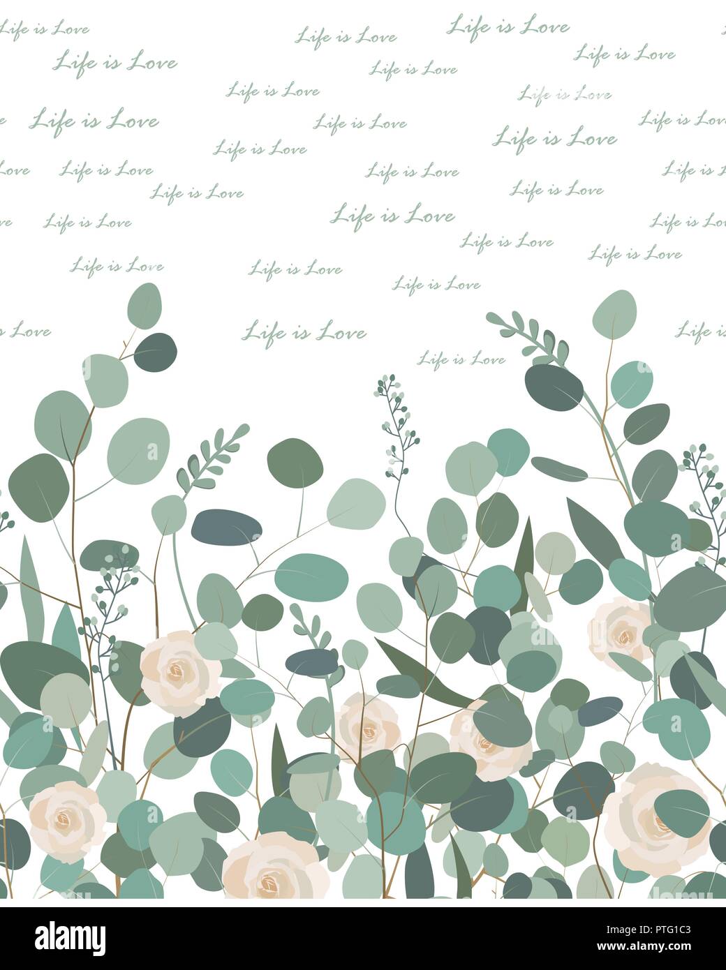 Transparente avec motif élégant La vie est l'amour du texte, des branches d'eucalyptus de dollar en argent, et les roses sur fond blanc. Pour la literie design textile, cartes, Illustration de Vecteur