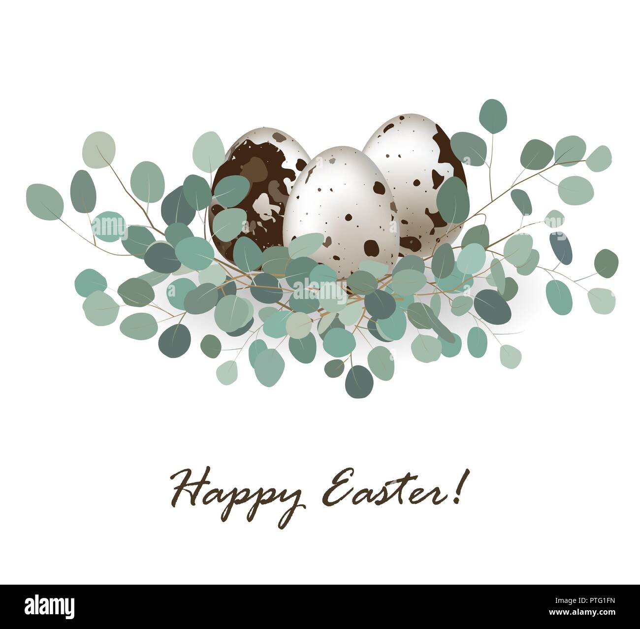 Fond de carte élégante avec pâques oeufs de cailles et de feuilles d'eucalyptus. Bannière de bienvenue de Pâques, place pour le texte. Vector illustration Illustration de Vecteur