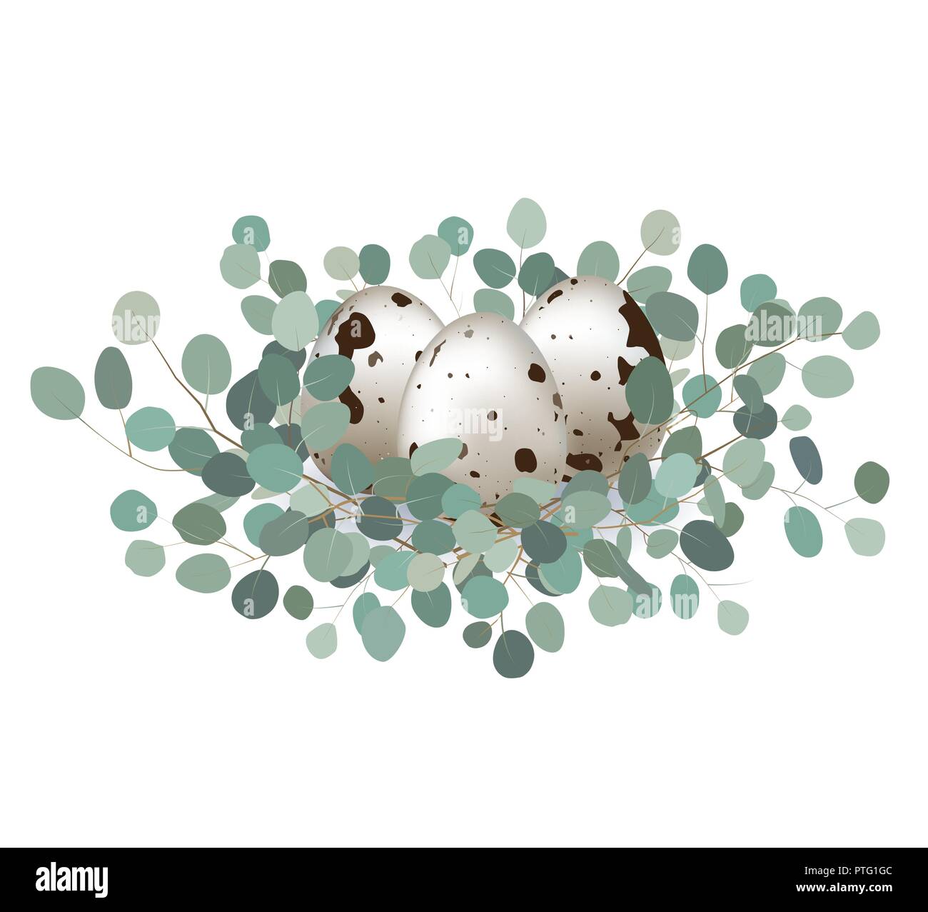 Fond de carte élégante avec pâques oeufs de cailles et de feuilles d'eucalyptus. Bannière de bienvenue de Pâques, place pour le texte. Vector illustration Illustration de Vecteur