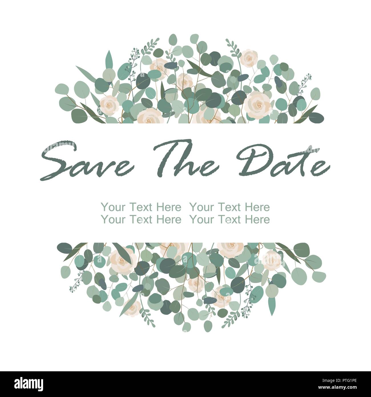 Save the Date carte avec fleurs roses blanches et d'eucalyptus. Message d'accueil, inviter mariage modèle. Bord avec place pour le texte. Vector illustrat Illustration de Vecteur