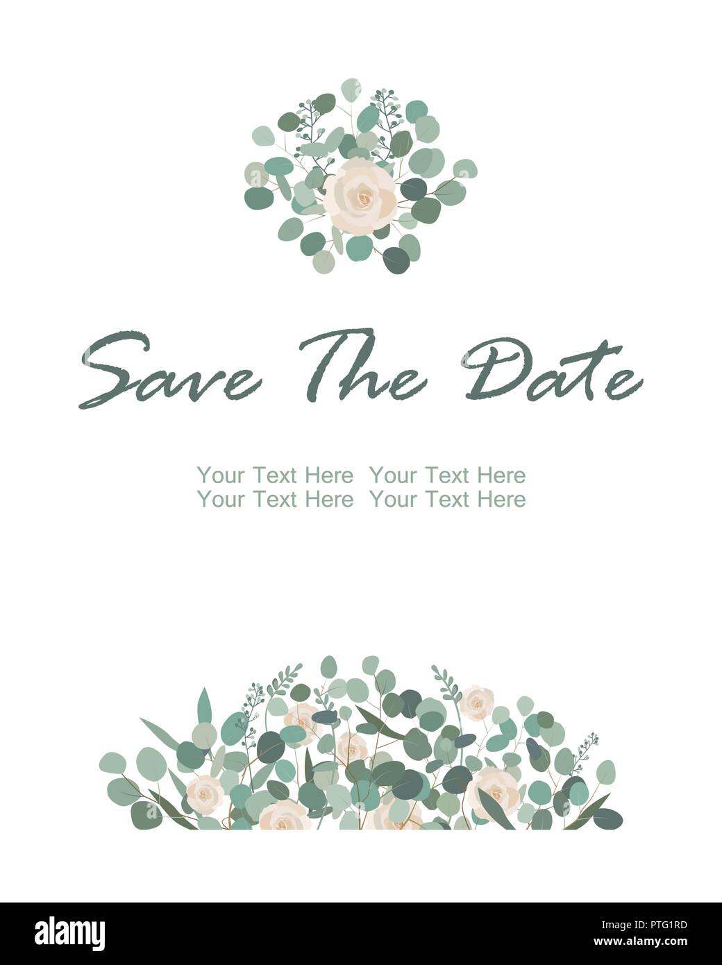 Save the Date carte avec fleurs roses blanches et d'eucalyptus. Message d'accueil, inviter mariage modèle. Bord avec place pour le texte. Vector illustrat Illustration de Vecteur