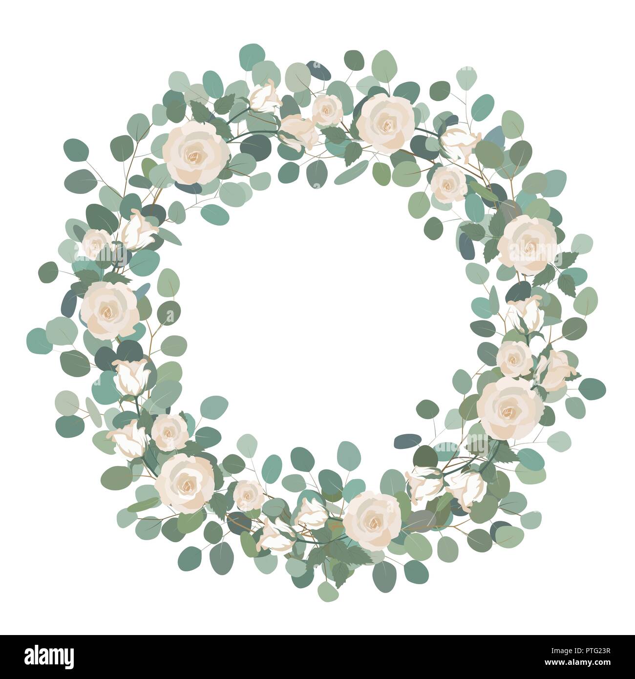 Fleurs rose blanc et Silver Dollar Eucalyptus Garland, couronne ronde. Message d'accueil, inviter mariage modèle. Bordure de cadre rond avec Save the Date du texte. Illustration de Vecteur