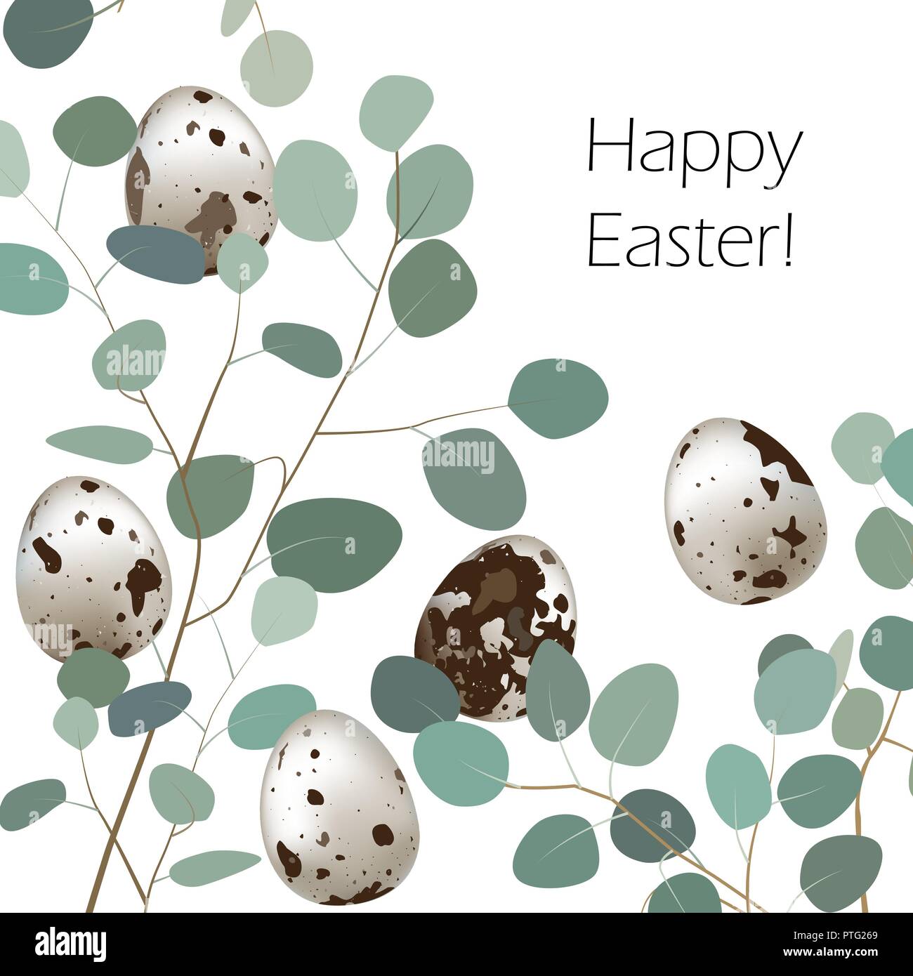 Joyeuses Pâques ou le printemps carte de vœux. Oeufs de cailles et branches de feuilles fond eucalyptus. Vector illustration Illustration de Vecteur