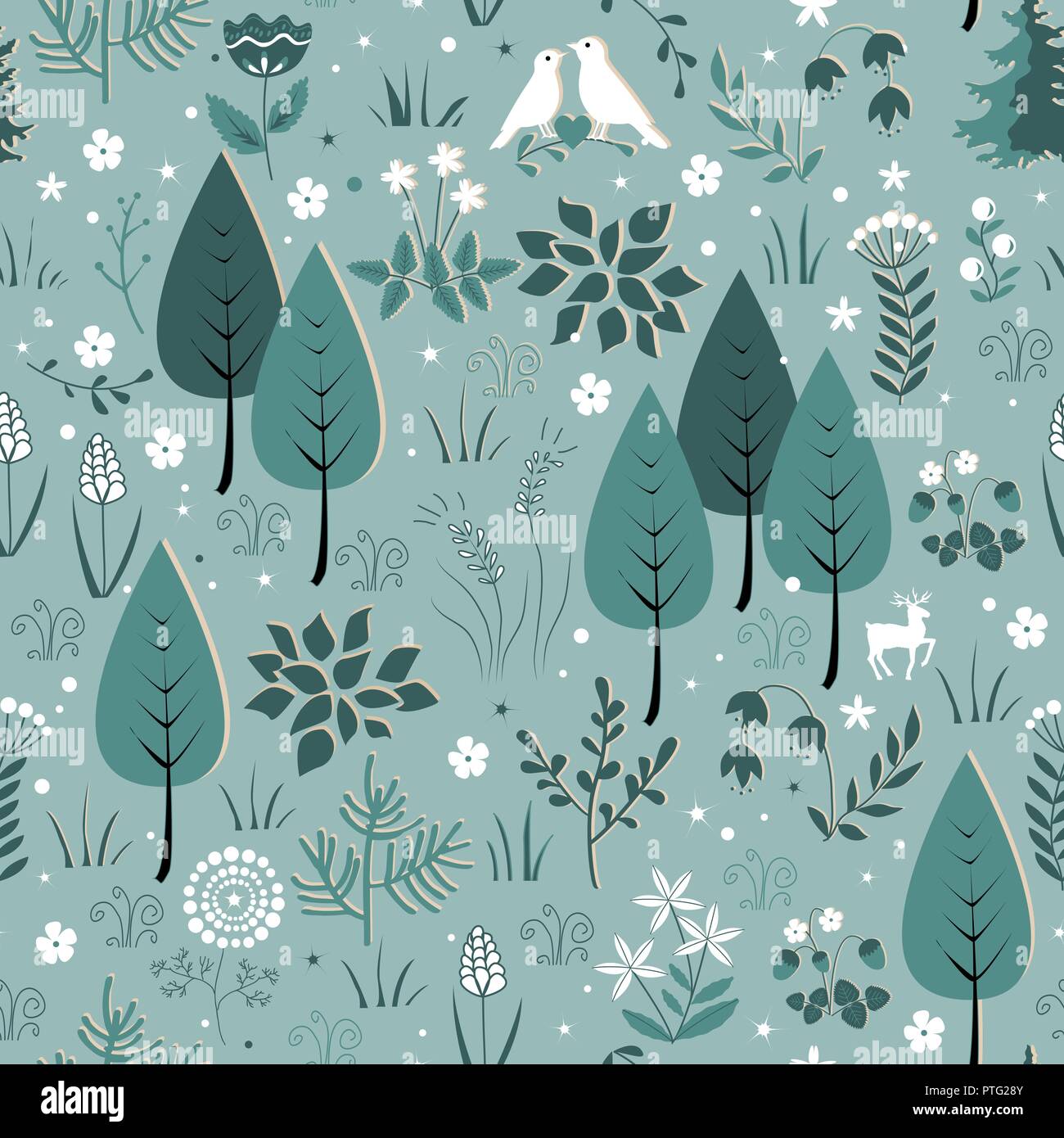 Modèle de printemps avec les oiseaux, les fleurs, et les arbres. Gentle spring forest arrière-plan. Doodle vecteur illustration Illustration de Vecteur