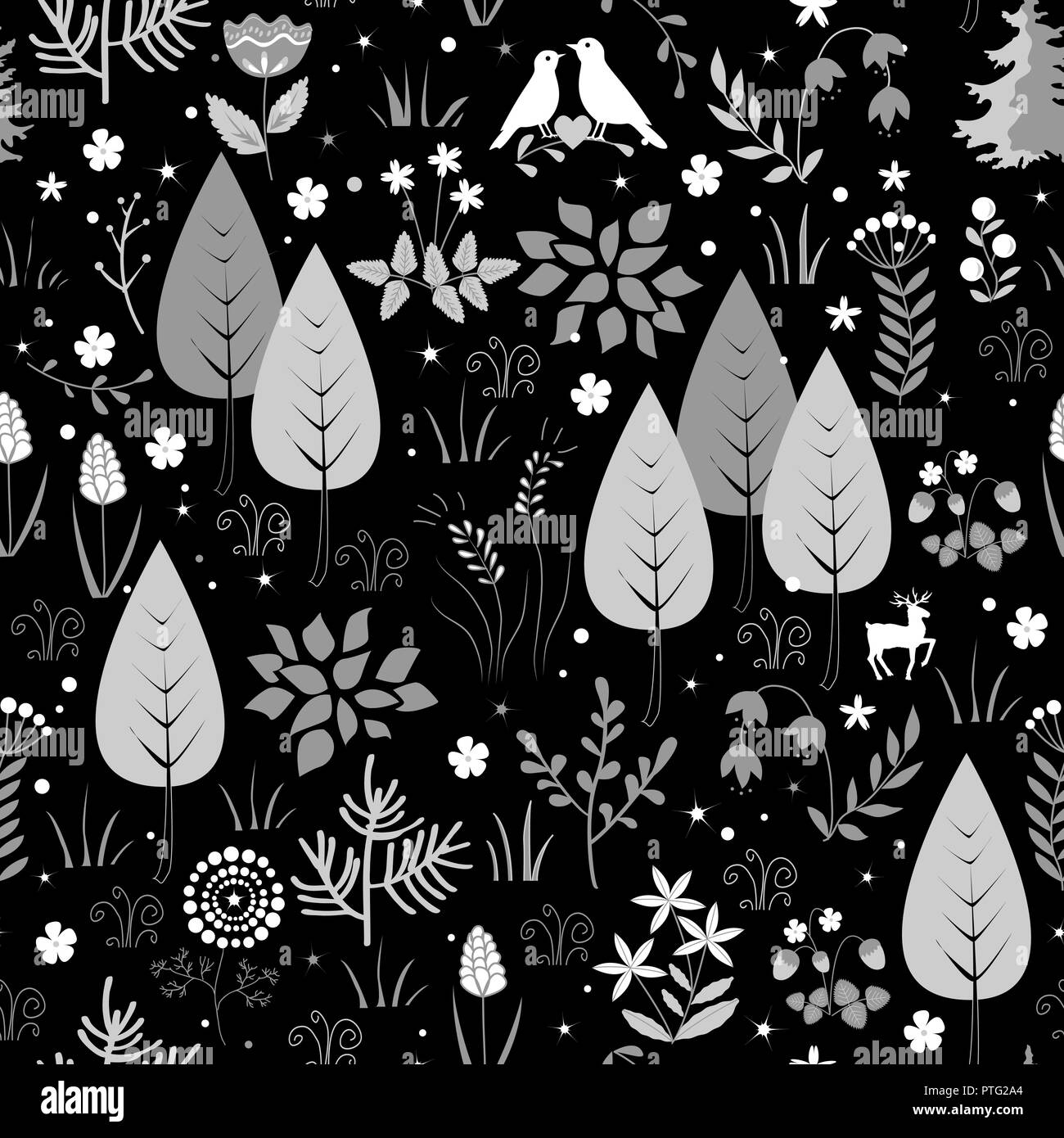 Motif en noir et blanc avec des oiseaux, des fleurs, et des arbres. Arrière-plan de la forêt. Doodle vecteur illustration Illustration de Vecteur