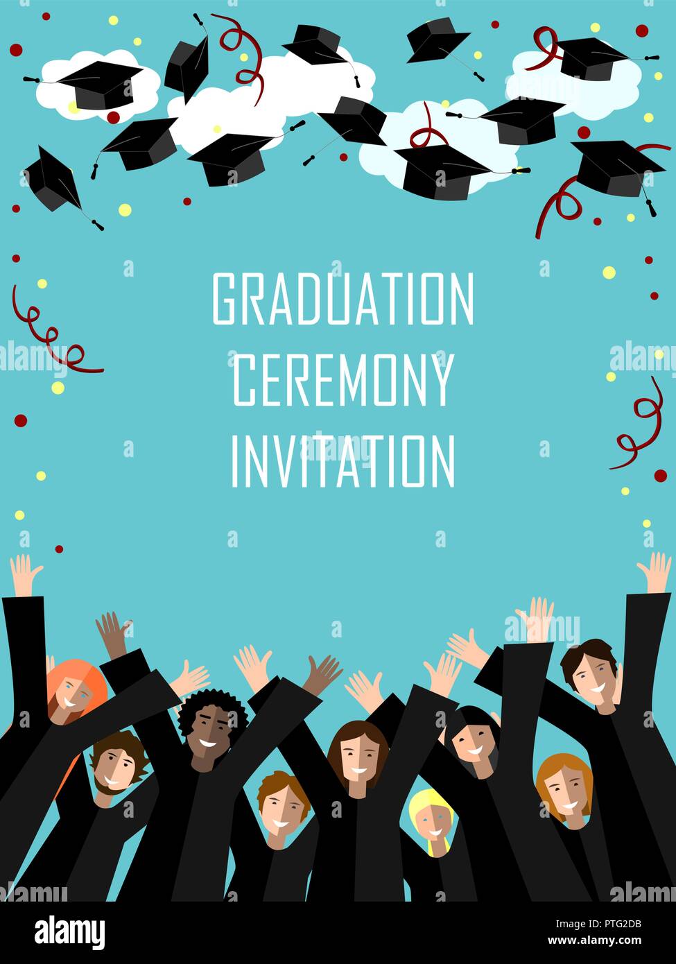 L'obtention du diplôme poster avec happy graduates throwing graduation chapeaux dans le ciel. Vector illustration Illustration de Vecteur