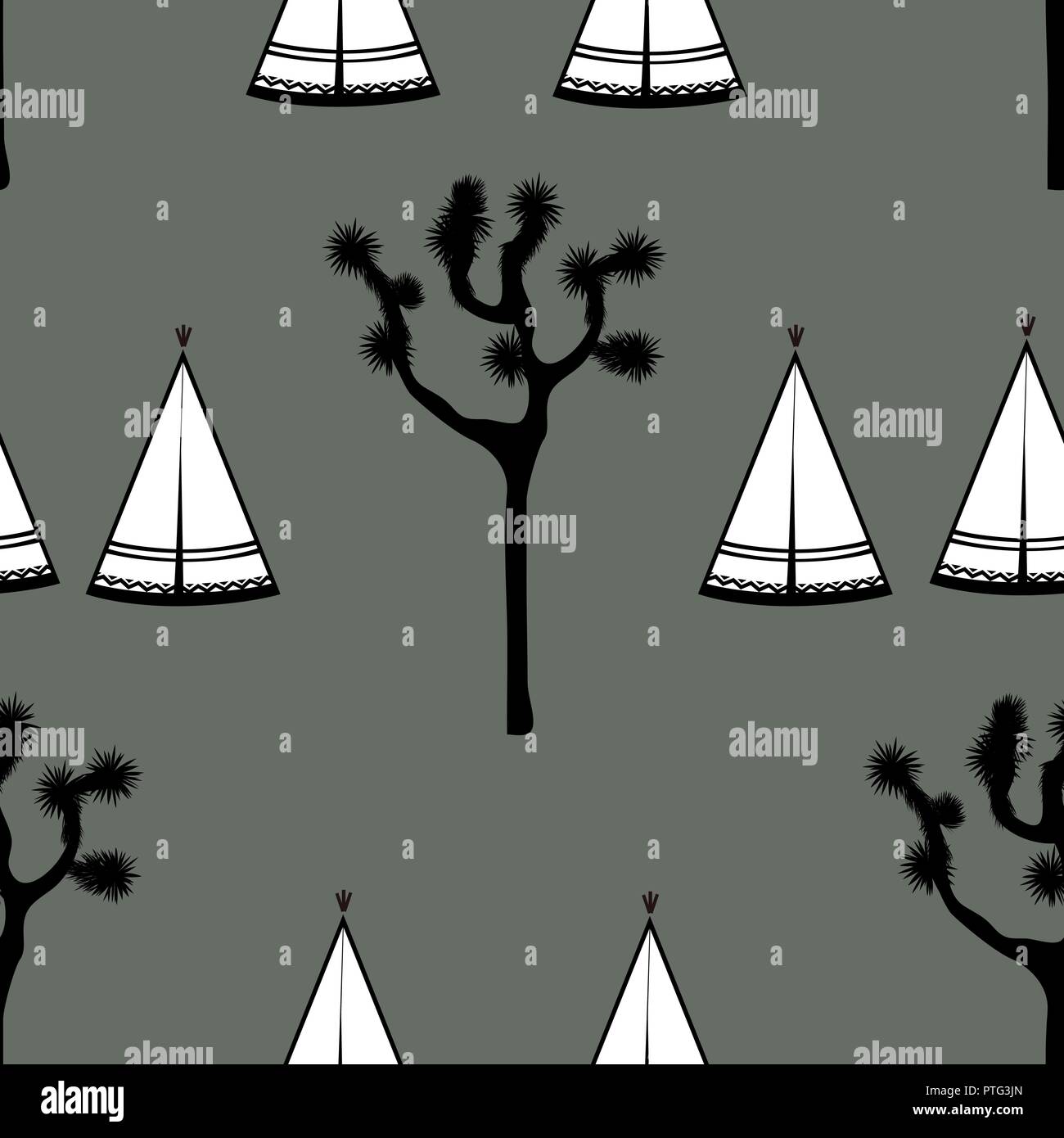 Tentes indiennes et Joshua tree sur fond blanc. Design mignon pour textile, d'écran, les enfants de l'industrie. Illustration vectorielle, hand drawn seamless pattern Illustration de Vecteur