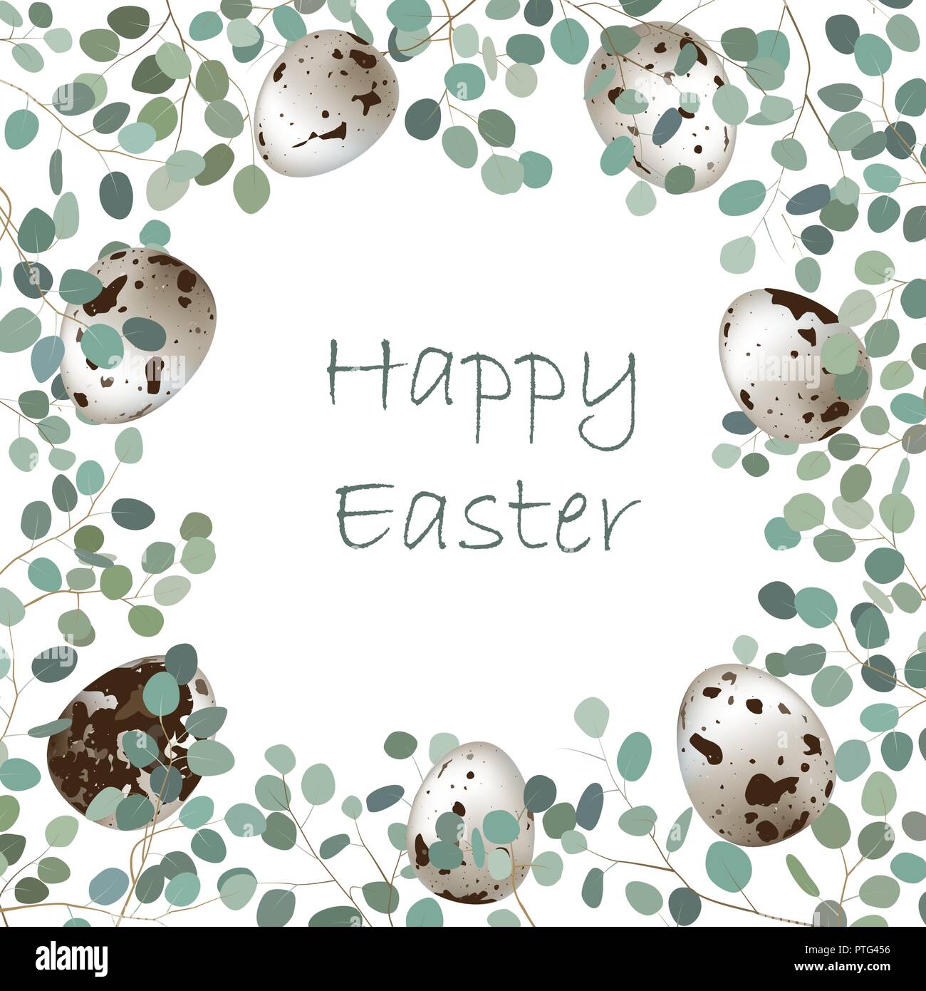 Joyeuses Pâques ou le printemps carte de souhaits. Oeufs de cailles et branches de feuilles fond eucalyptus. Vector illustration Illustration de Vecteur