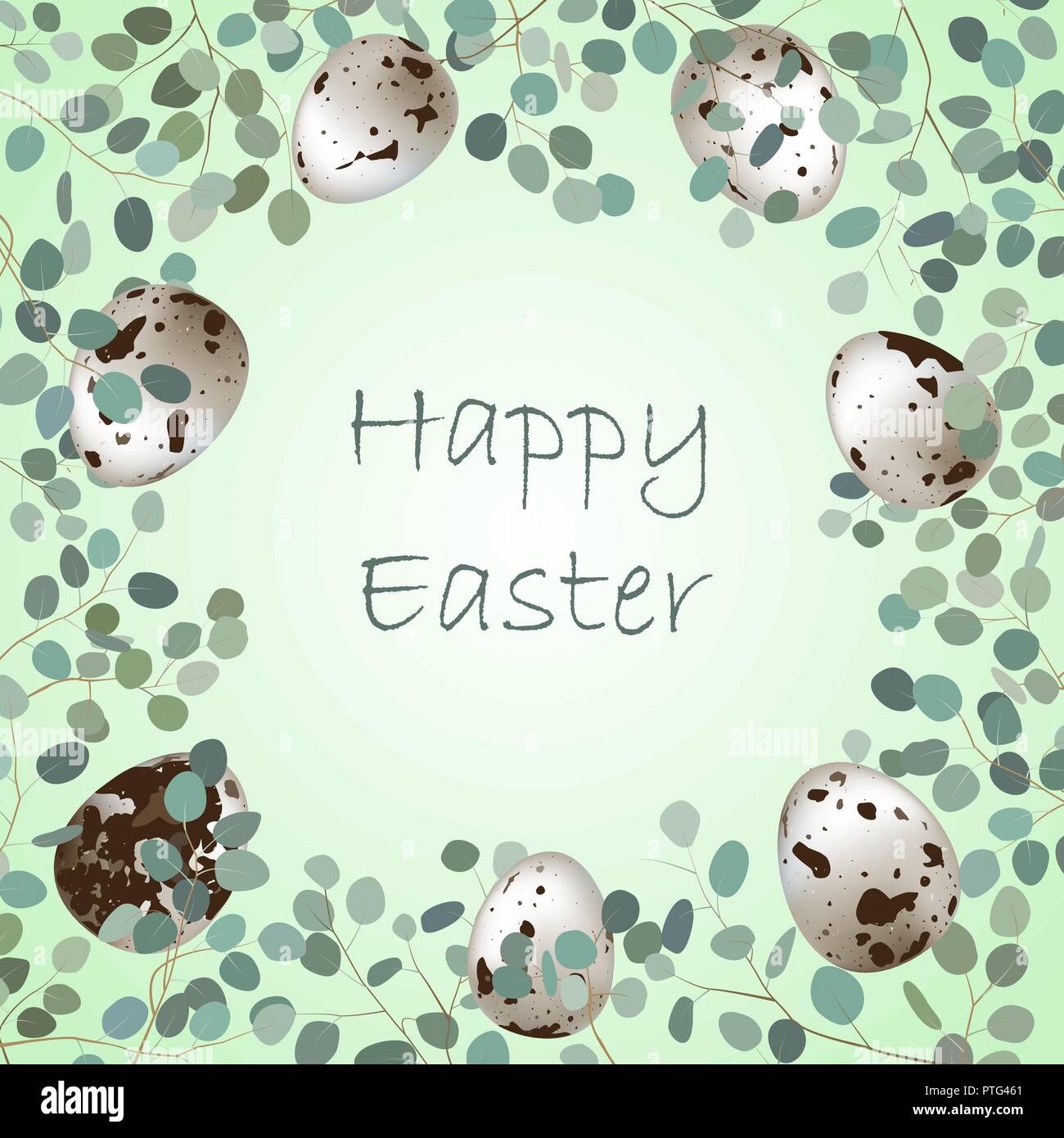 Joyeuses Pâques ou le printemps carte de souhaits. Oeufs de cailles et branches de feuilles fond eucalyptus. Vector illustration Illustration de Vecteur