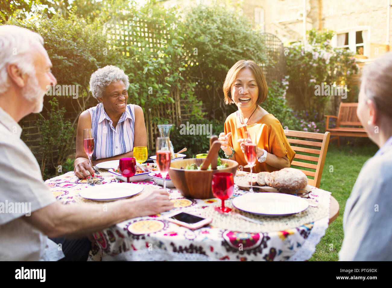 Senior friends enjoying garden party Banque D'Images