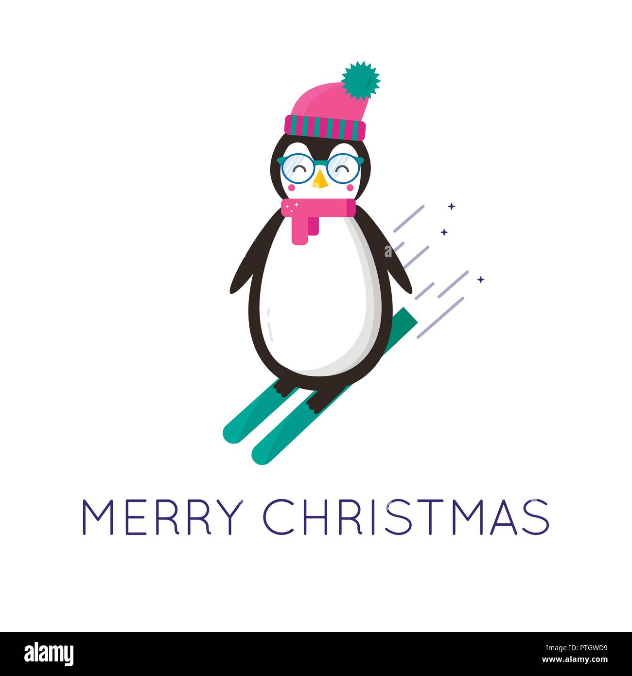 Joyeux Noël carte de vœux, des animaux marrants : pingouin avec bonnet,  écharpe, lunettes et le ski. Style plat d'icônes pour présente, invitation,  enfants Image Vectorielle Stock - Alamy