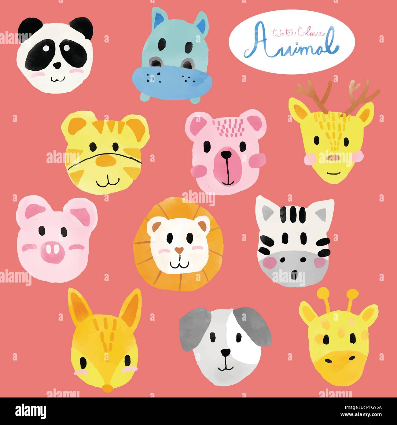 Animal mignon aquarelle visages, lion, tigre, ours, cerf, cheval, fox Illustration de Vecteur