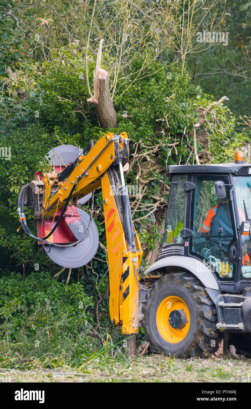 Protech PB2000 (2000) double Powerblade scie tournante montée sur un tracteur, la coupe des arbres en forêt en automne au Royaume-Uni. Banque D'Images