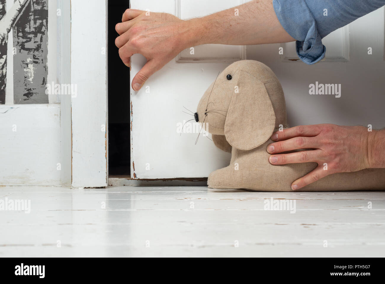 Personne mettant un chien en forme d'exclude de tirage devant une porte. Banque D'Images