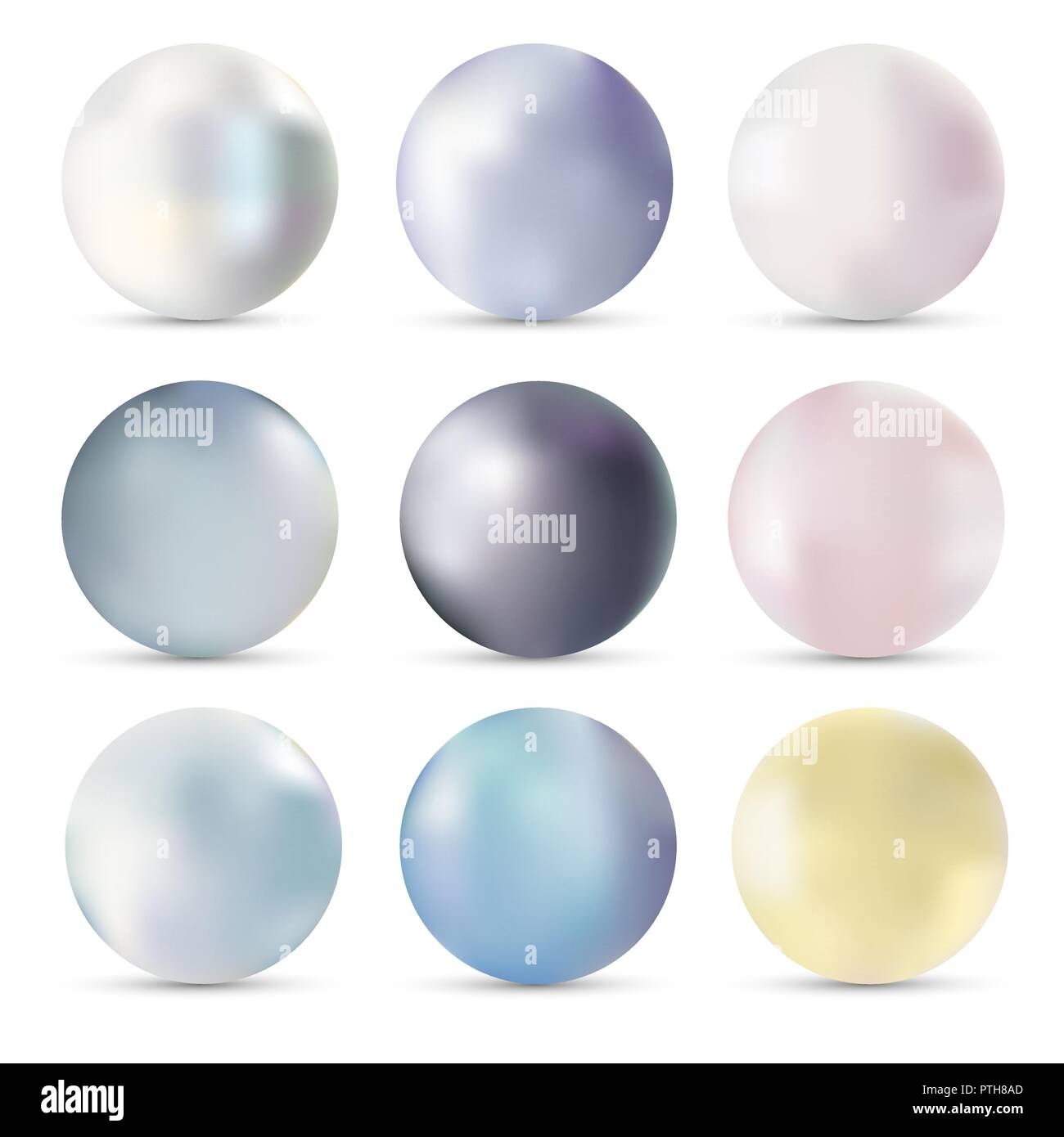 Pearls ensemble réaliste vector illustration isolé sur fond blanc avec l'ombre. Pierres précieuses, bijoux de qualité. Beaux orbes 3d Illustration de Vecteur