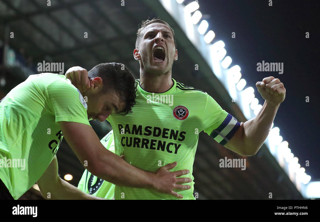 Sheffield United est Billy Sharp fête marquant son deuxième but des équipes Banque D'Images