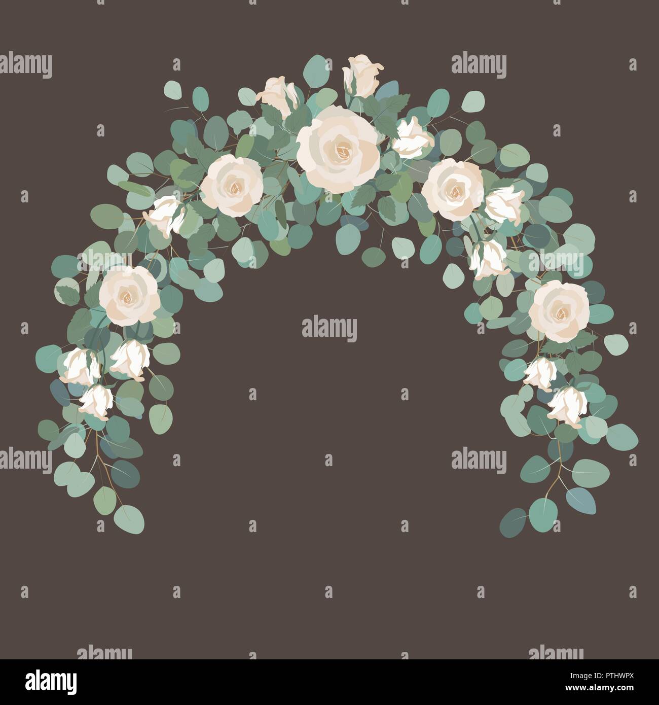 Fleurs rose blanc et Silver Dollar Eucalyptus Garland, couronne ronde. Message d'accueil, inviter mariage modèle. Bordure de cadre rond avec Save the Date du texte. Illustration de Vecteur