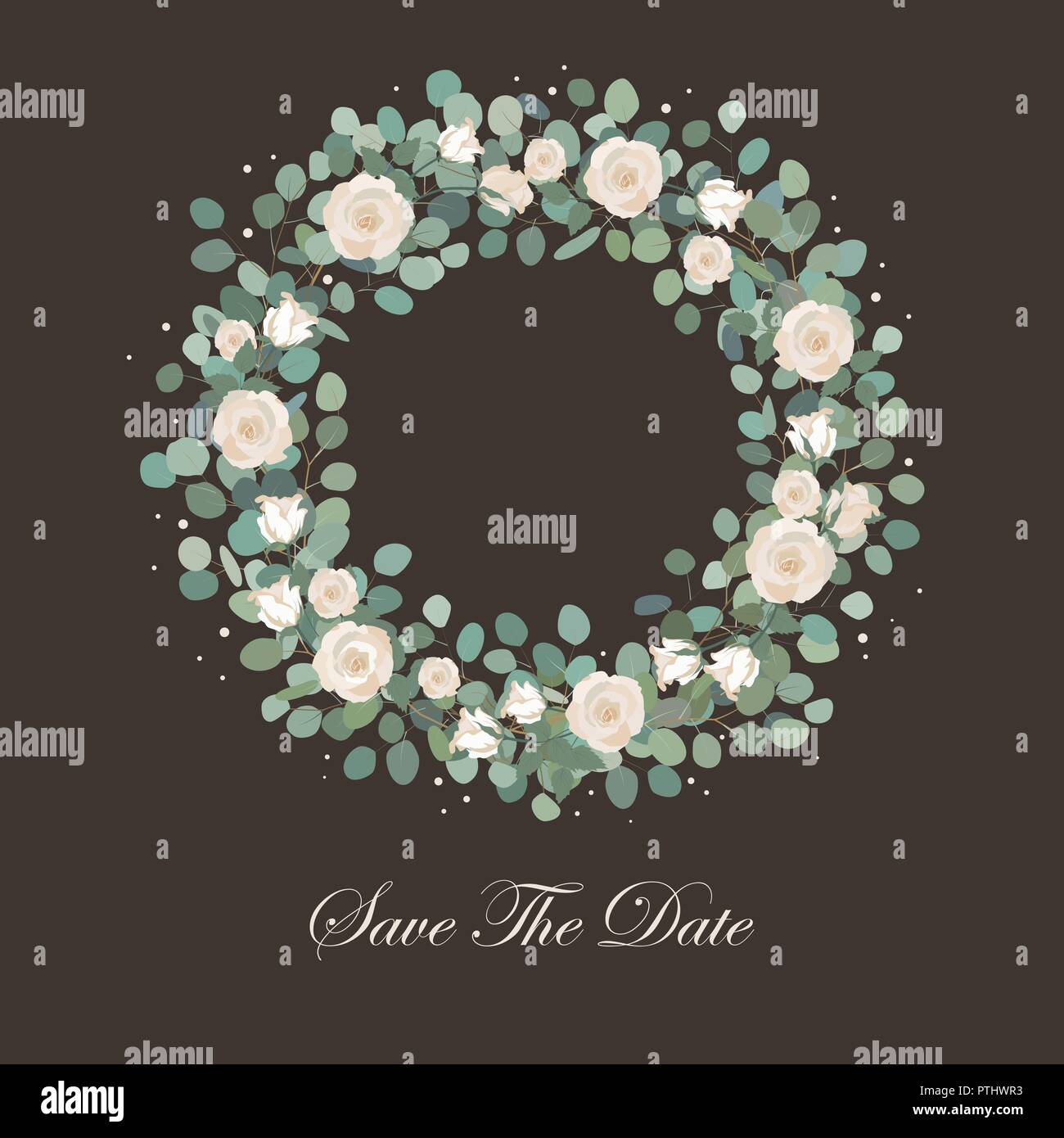 Fleurs rose blanc et Silver Dollar Eucalyptus Garland, couronne ronde. Message d'accueil, inviter mariage modèle. Bordure de cadre rond avec Save the Date du texte. Illustration de Vecteur